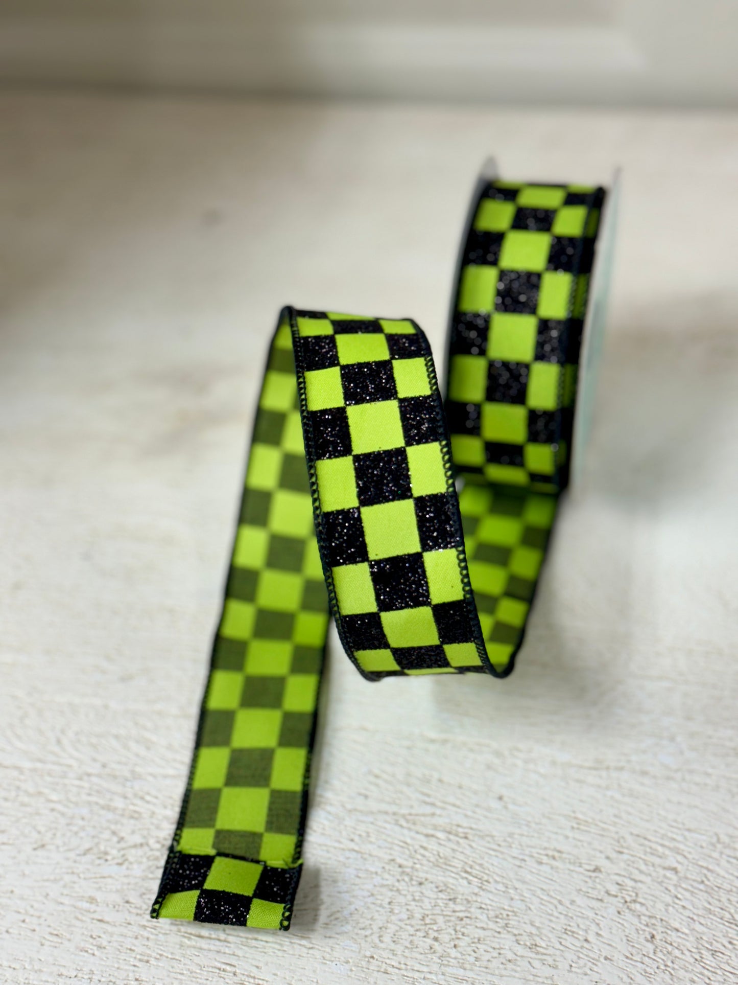 1.5 Inch By 10 Yard Green And Black Glitter Check Ribbon