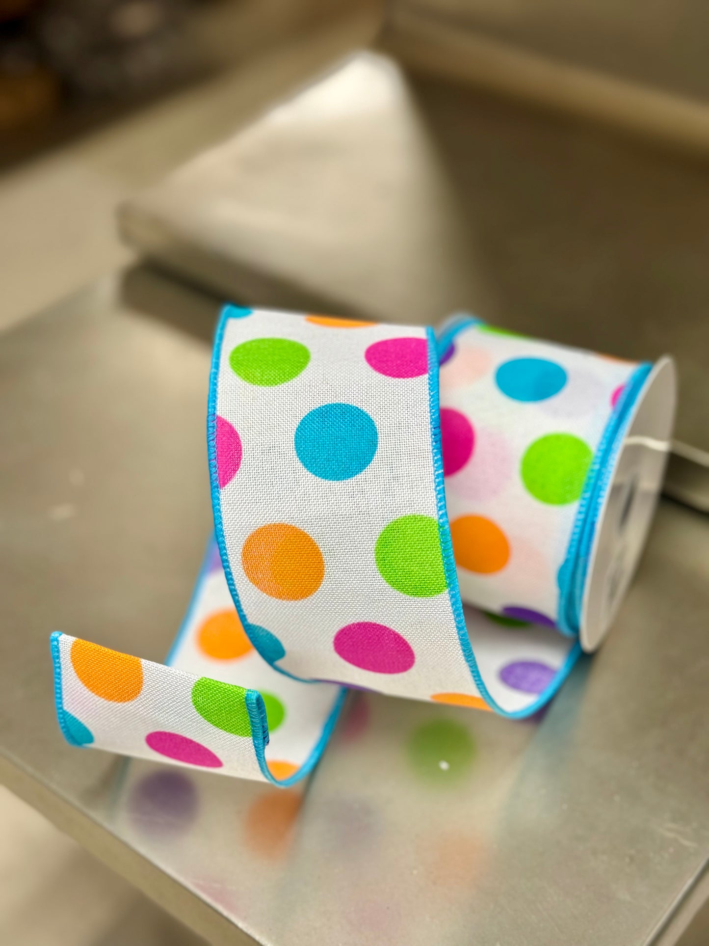 2.5 Inch By 10 Yard Multicolor Polka Dot Ribbon