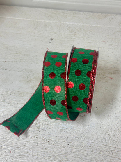 1.5 Inch By 10 Yard Emerald Green And Red Polka Dot Ribbon