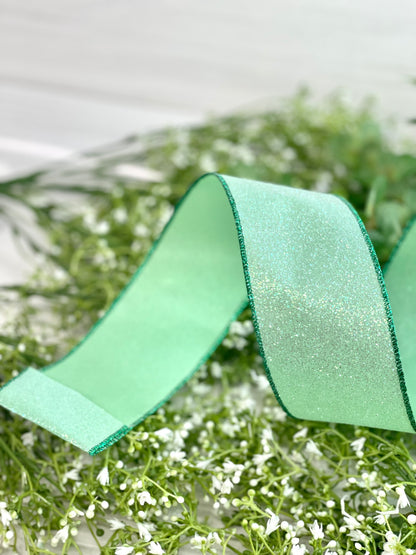 2.5 Inch By 50 Yard Green Glitter Ribbon