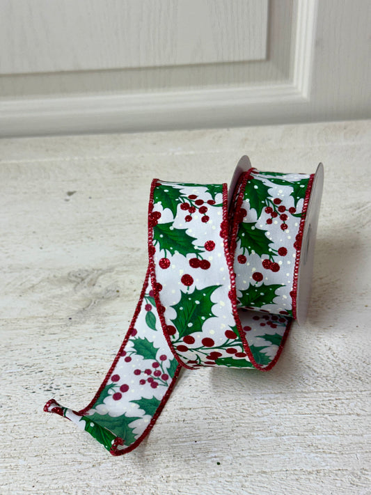 1.5 Inch By 10 Yard Holly Leaves And Berries Ribbon