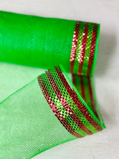 10 Inch By 10 Yard Lime And Red Border Stripe Metallic Mesh