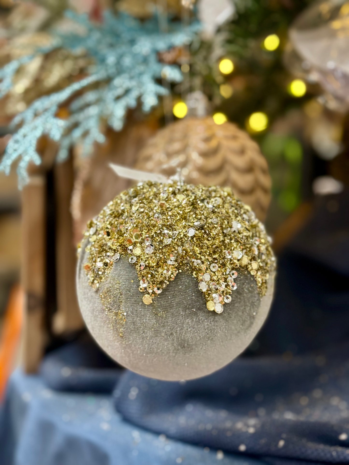 4.75 Inch Pewter Velvet Sequin Dripped Ornament Ball