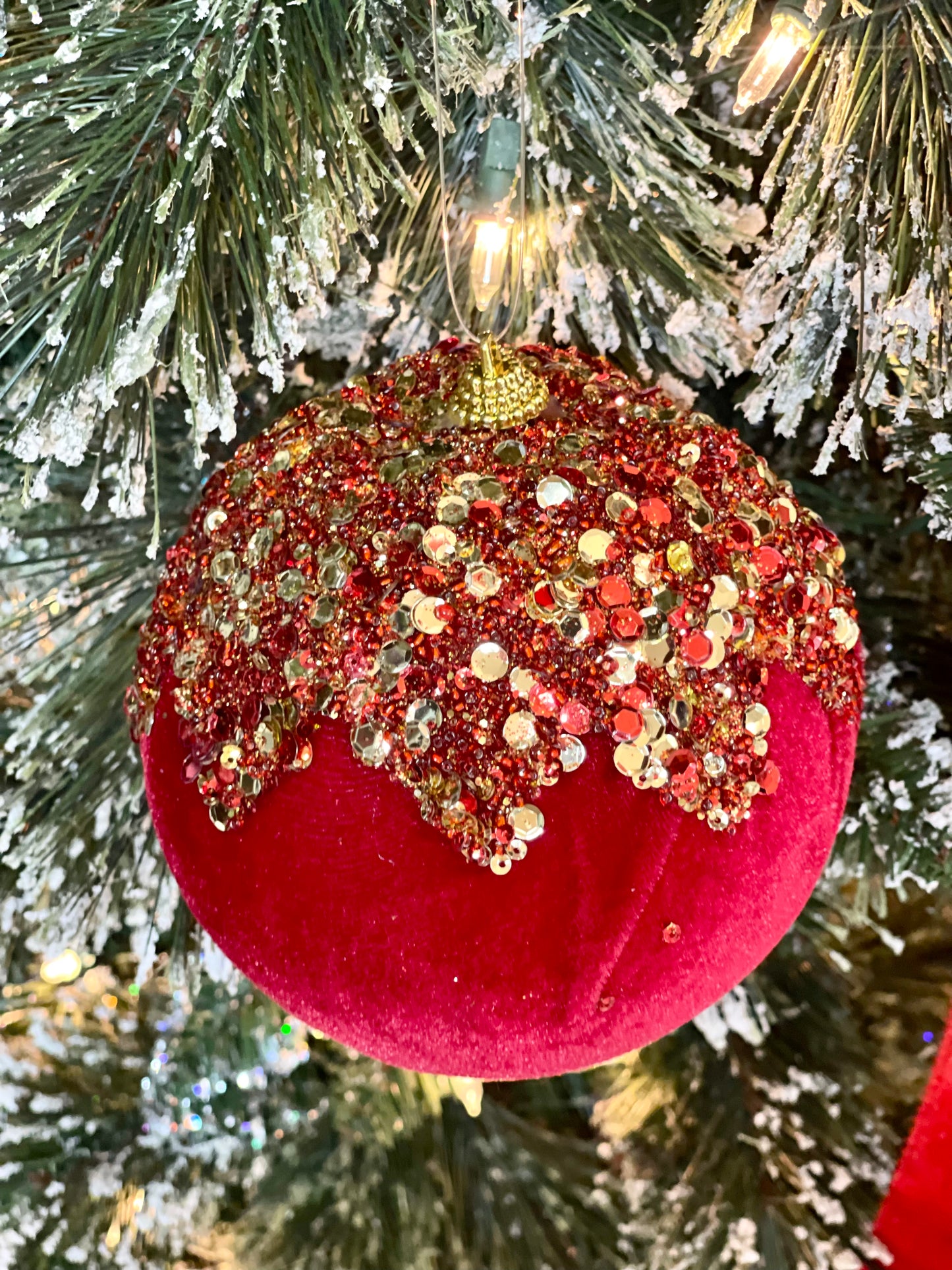 4.75 Inch Red And Gold Dripped Sequin Velvet Ornament Ball