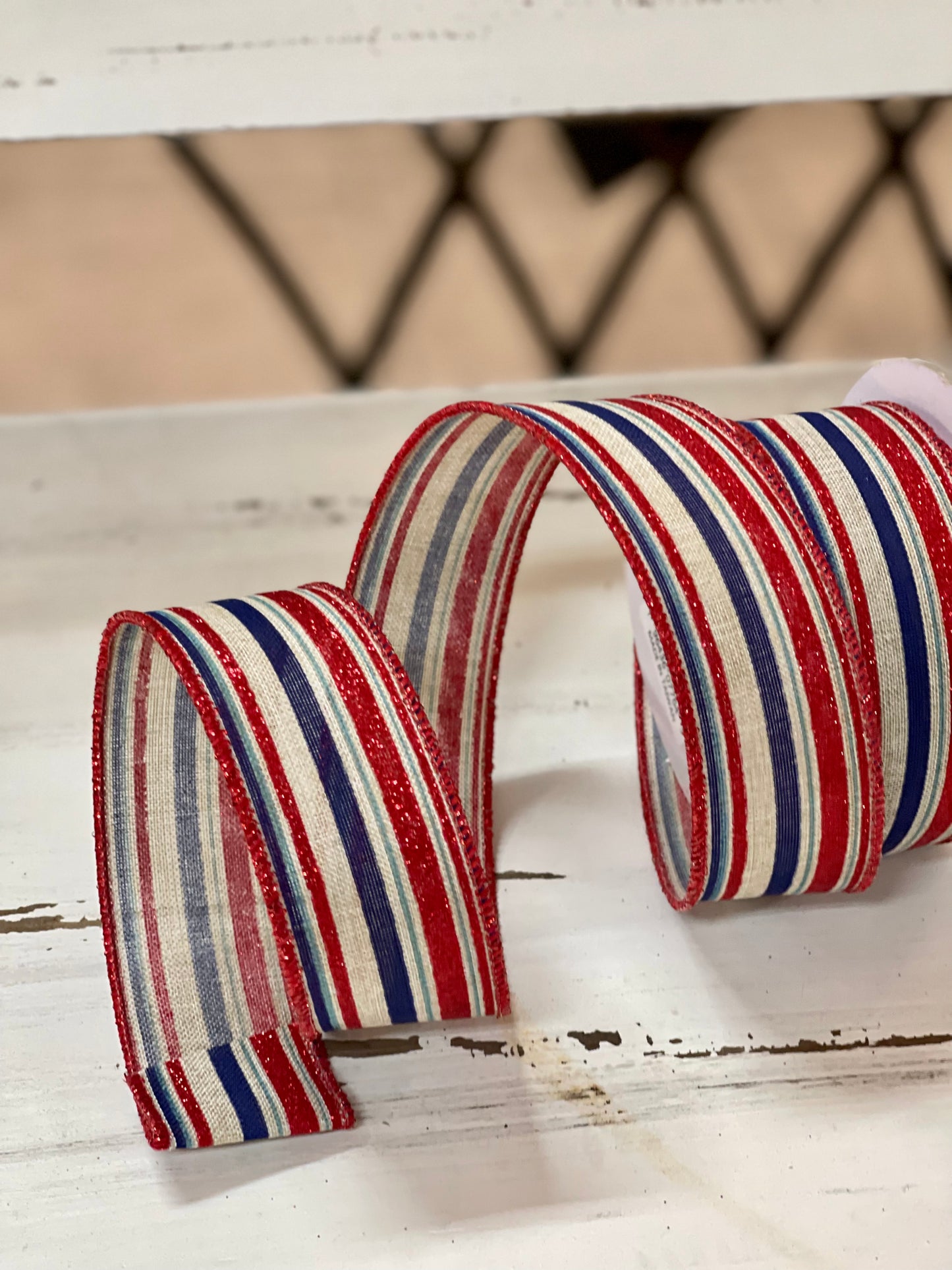 1.5 Inch By 10 Yard Red Blue And Natural Vertical Stripe Ribbon