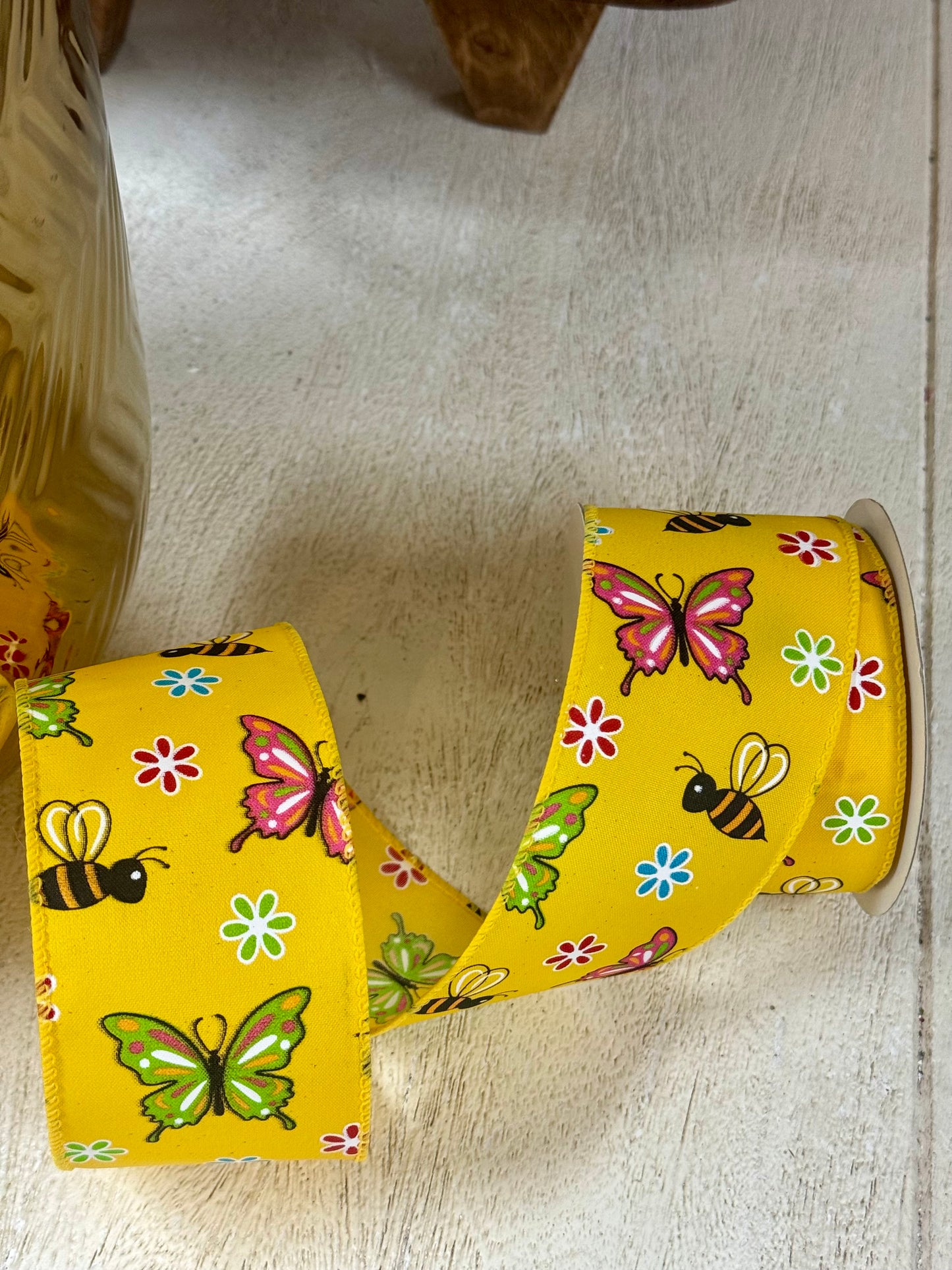 2.5 Inch By 10 Yard Yellow Butterfly And Bees Ribbon