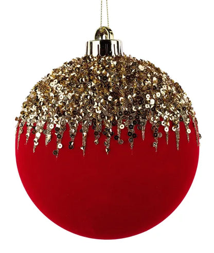 4.75 Inch Red And Gold Flocked Sequin 2D Ball Ornament