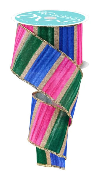2.5 Inch By 10 Yard Fuchsia Blue Emerald And Gold Watercolor Stripes Ribbon