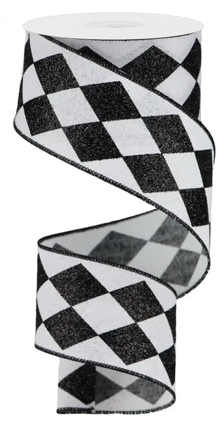2 Inch By 10 Yard Black And White Glitter Harlequin Glitter Check Ribbon