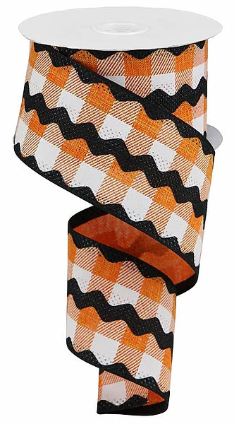 2.5 Inch By 10 Yard Orange Black And White Royal Burlap Ric Rac On Plaid Ribbon