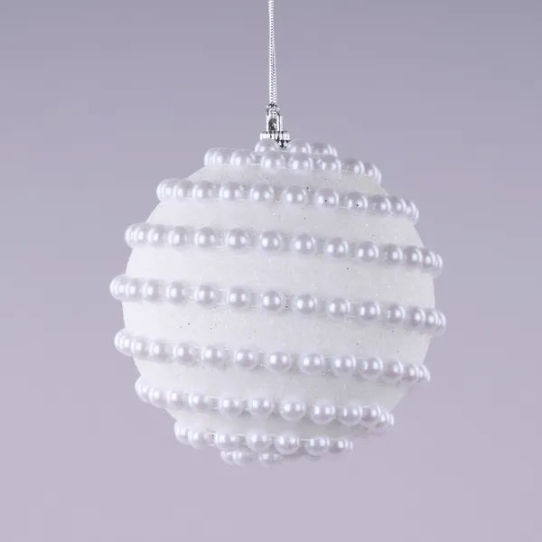 4 Inch White Glitter And Pearl Horizontal Stripe Ball Ornament