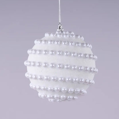 4 Inch White Glitter And Pearl Horizontal Stripe Ball Ornament