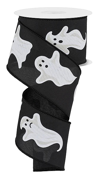 2.5 Inch By 10 Yard Black And White Ghosts Ribbon