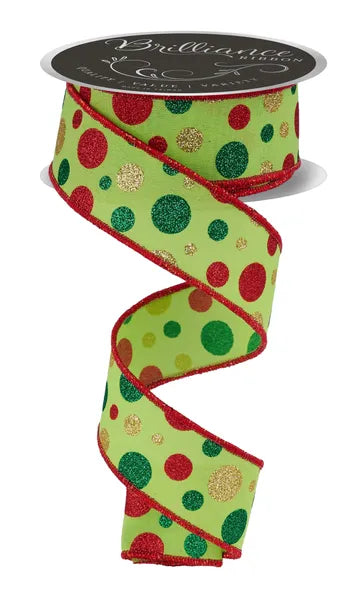 1.5 Inch By 10 Yard Red Gold Lime And Emerald Polka Dot Ribbon