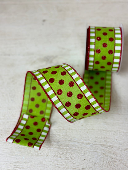 2.5 Inch By 10 Yard Red And Green Polka Dot Ribbon