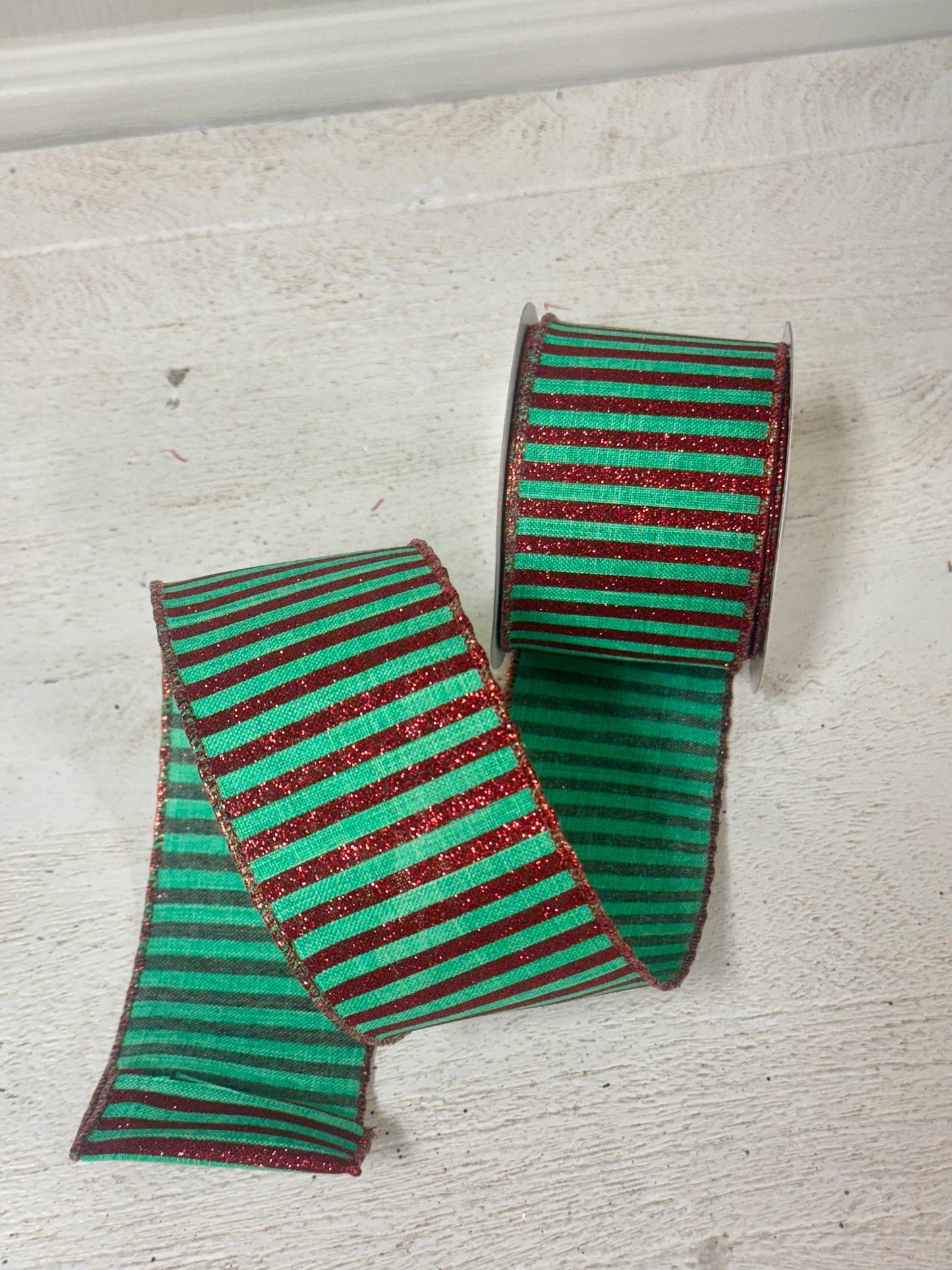 2.5 Inch By 10 Yard Jade And Red Glitter Stripe Ribbon