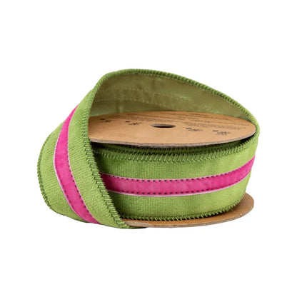 1.5 Inch By 10 Yard Green And Pink Velvet Ribbon