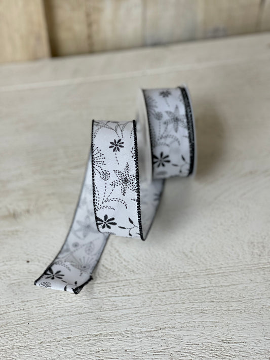 1.5 Inch By 10 Yard Black Doodle Flowers Print Ribbon