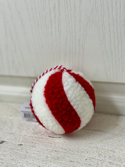 4 Inch Red And White Whimsical Wool Peppermint Stripe Ornament Ball