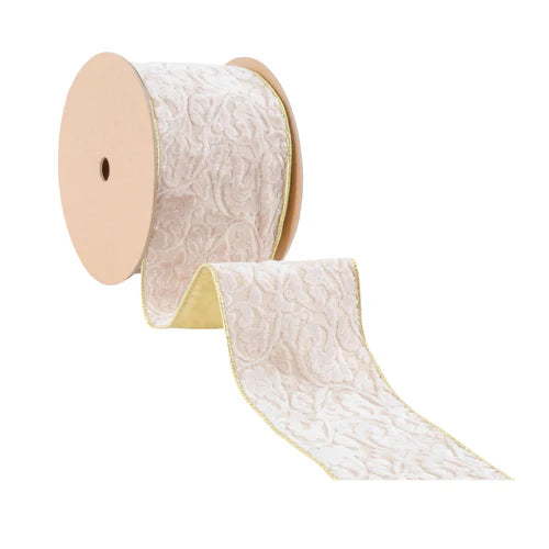 4 Inch By 10 Yard Ivory Velvet Floral Embossed Reversible With Gold Backing Ribbon