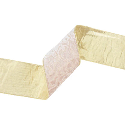 4 Inch By 10 Yard Ivory Velvet Floral Embossed Reversible With Gold Backing Ribbon
