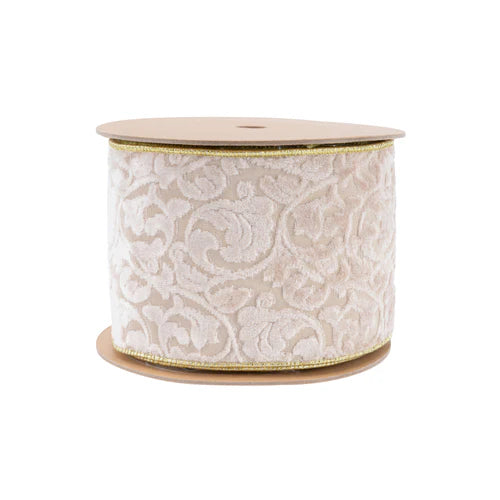 4 Inch By 10 Yard Ivory Velvet Floral Embossed Reversible With Gold Backing Ribbon