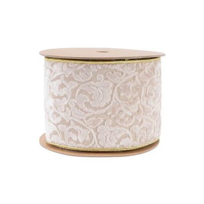 4 Inch By 10 Yard Ivory Velvet Floral Embossed Reversible With Gold Backing Ribbon
