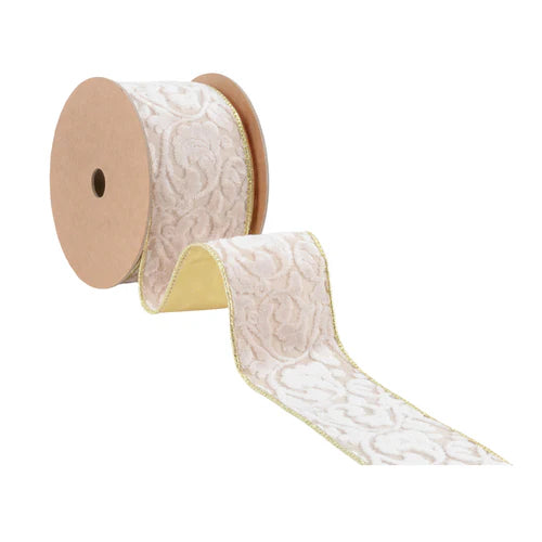 2.5 Inch By 10 Yard Ivory Floral With Gold Backing Ribbon