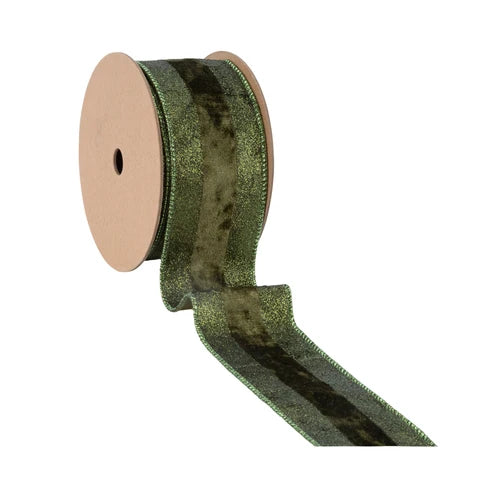 2.5 Inch By 10 Yard Dark Green With Glitter Velvet Stripe Ribbon