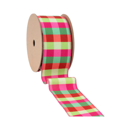 2.5 Inch By 10 Yard Flourescent Pink Green Plaid With Pink Stripe Back Ribbon
