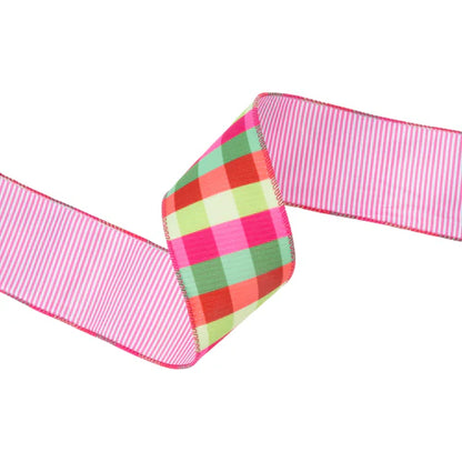 2.5 Inch By 10 Yard Flourescent Pink Green Plaid With Pink Stripe Back Ribbon