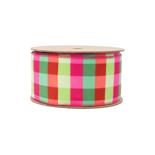 2.5 Inch By 10 Yard Flourescent Pink Green Plaid With Pink Stripe Back Ribbon
