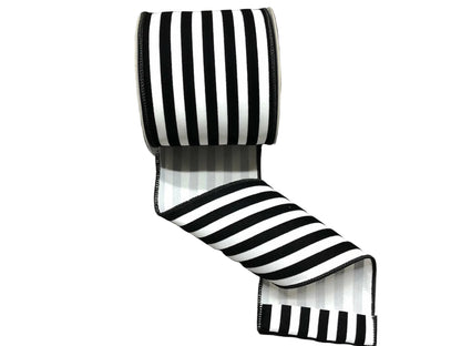 4 Inch By 10 Yard Black And White Flocked Cabana Stripes Ribbon
