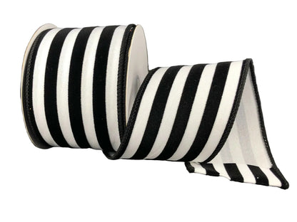 2.5 Inch By 10 Yard Black And White Flocked Cabana Stripes Ribbon