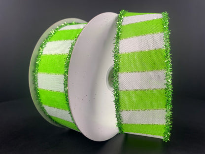 1.5 Inch By 10 Yard Lime Green And White Striped Tinsel Ribbon
