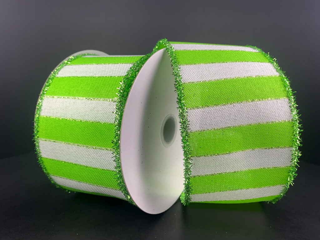 2.5 Inch By 10 Yard Lime Green And White Striped Tinsel Ribbon