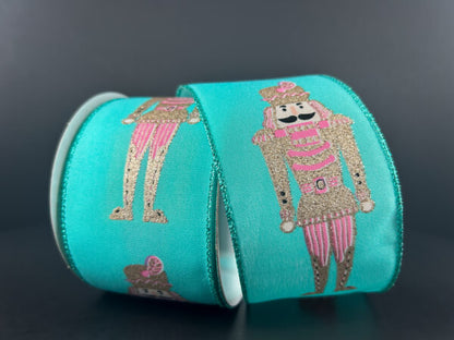 2.5 Inch By 10 Yard Teal Pink And Champagne Nutcracker Ribbon