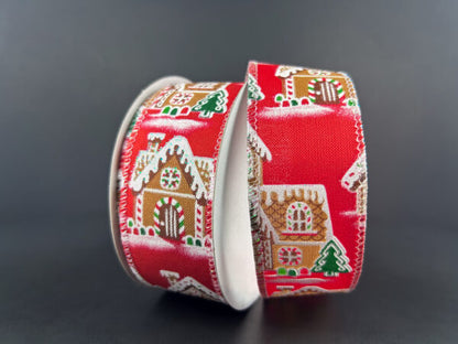 1.5 Inch By 10 Yard Red With Gingerbread Houses Ribbon