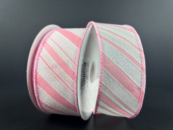 1.5 Inch By 10 Yard Light Pink And White Glitter Striped Ribbon