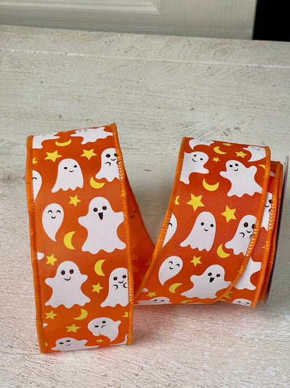 2.5 Inch By 10 Yard Orange Ghost Moon And Star Ribbon