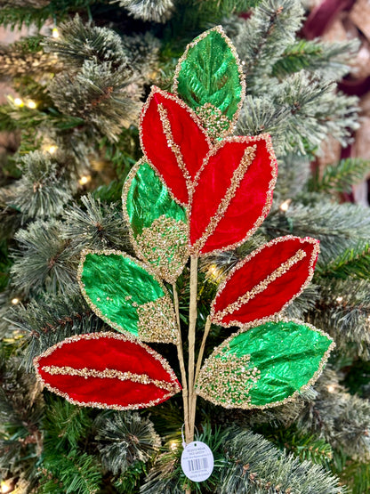 27.5 Inch Red And Green Metallic Velvet Magnolia Leaf Spray