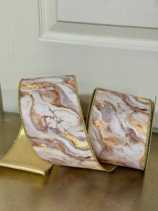 4 Inch By 10 Yard Ivory And Gray Marble Fused Ribbon