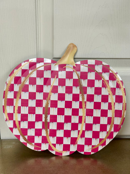 12 Inch Hot Pink White And Gold Check Pumpkin Metal Embossed Wreath Sign