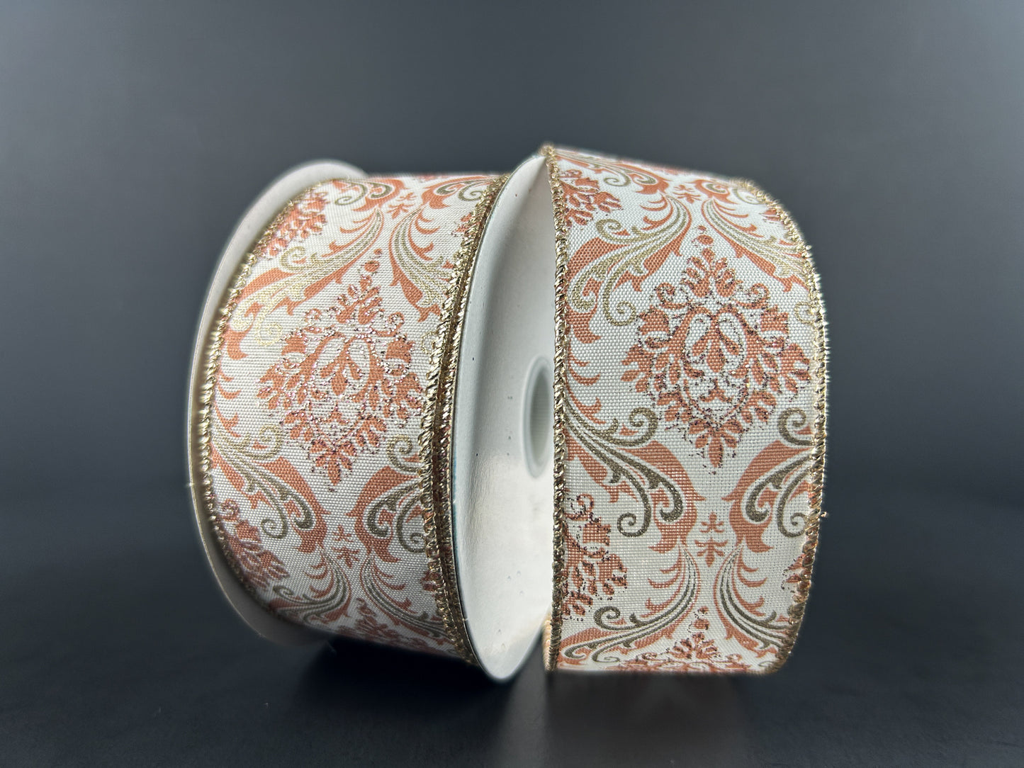 1.5 Inch By 10 Yard Champagne And Blush Pink Demask Ribbon