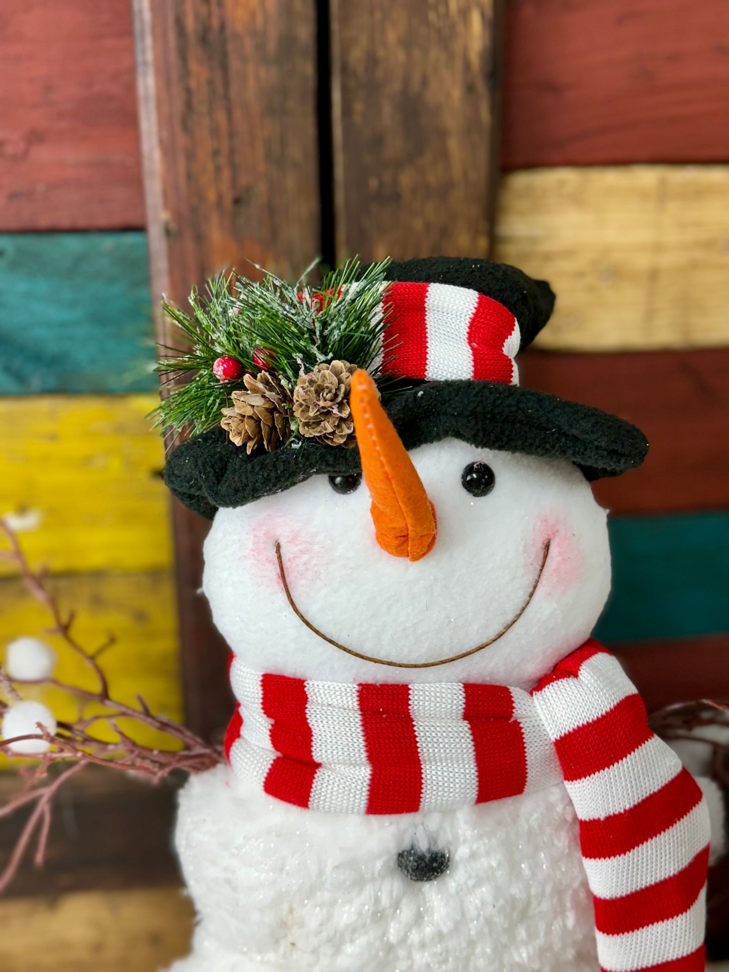 19.6 Inch Snowman With Top Hat And Striped Scarf