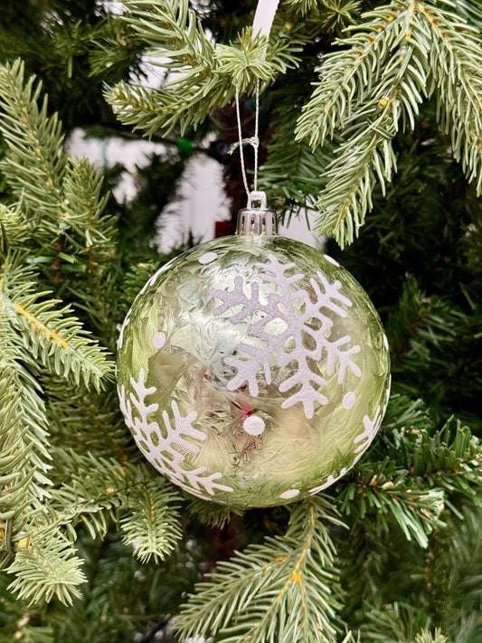 4 Inch Snowflake Feather Green Ornament Ball