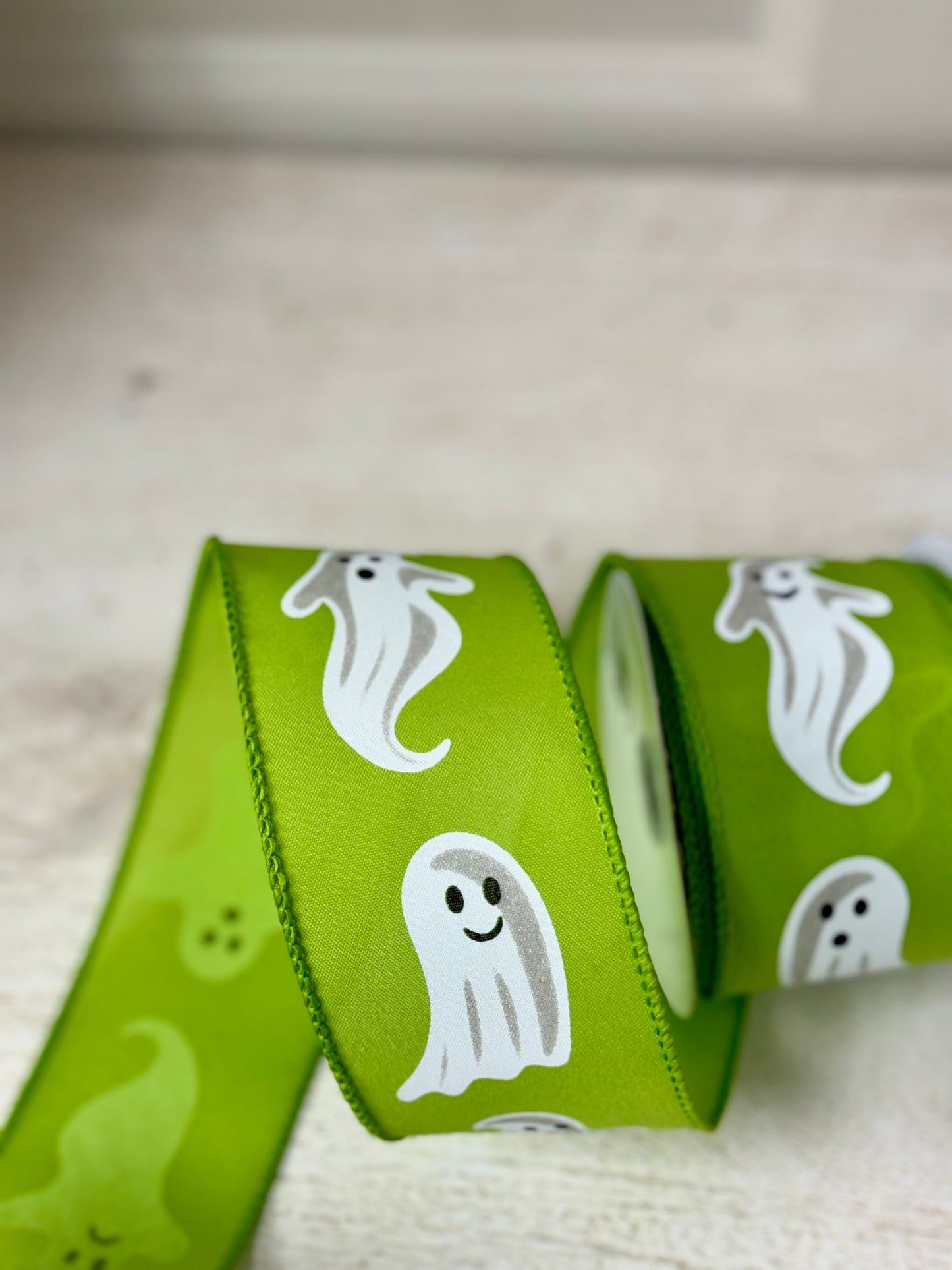 2.5 Inch By 10 Yard Lime Green Background With Ghost Ribbon