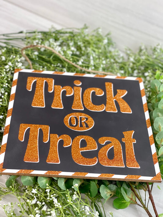 Trick Or Treat Orange Glitter Wooden Sign