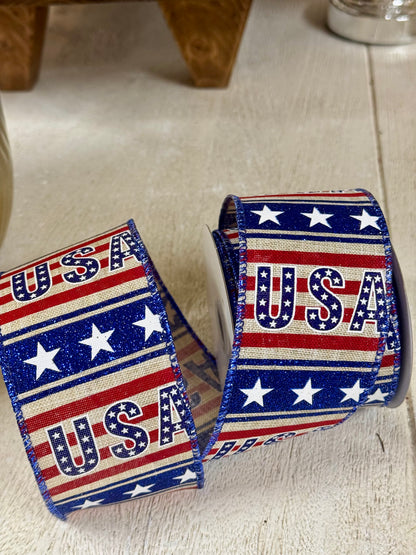 2.5 Inch By 10 Yard USA Star Striped Ribbon