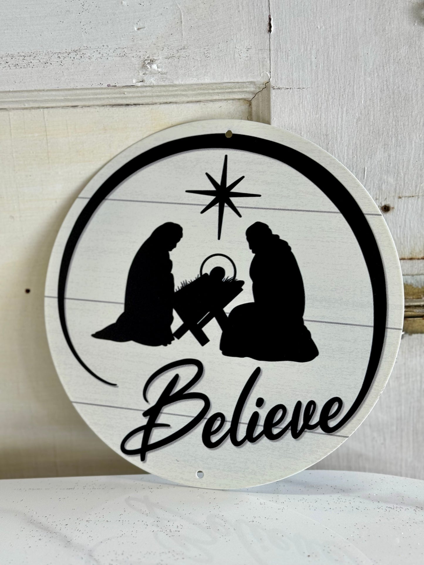 8 Inch Believe Black And White Nativity Scene Metal Sign